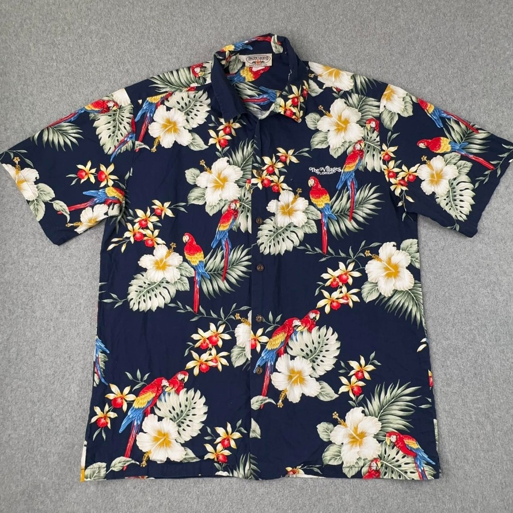 VTG Pacific Legend Hawaiian Shirt Men's Size L Colorful Parrot Hibiscus Villages